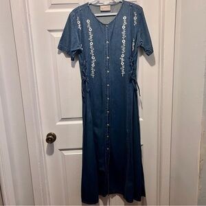 Vintage 90' Be Cute dress denim maxi Women Medium lace up corset momcore flower